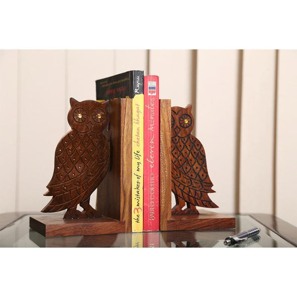Engraved Owl Book Organizer In Sheesham Wood Crafted by Traditional Artisans