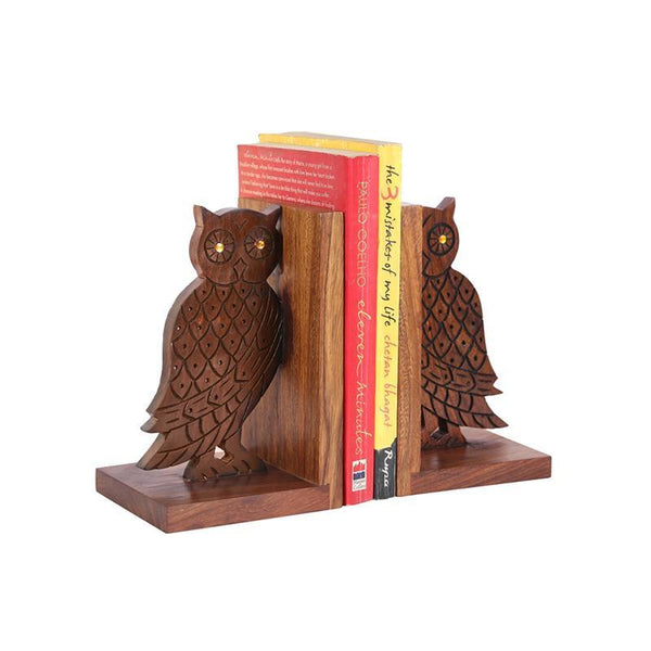 Engraved Owl Book Organizer In Sheesham Wood Crafted by Traditional Artisans