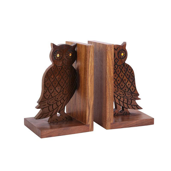 Engraved Owl Book Organizer In Sheesham Wood Crafted by Traditional Artisans