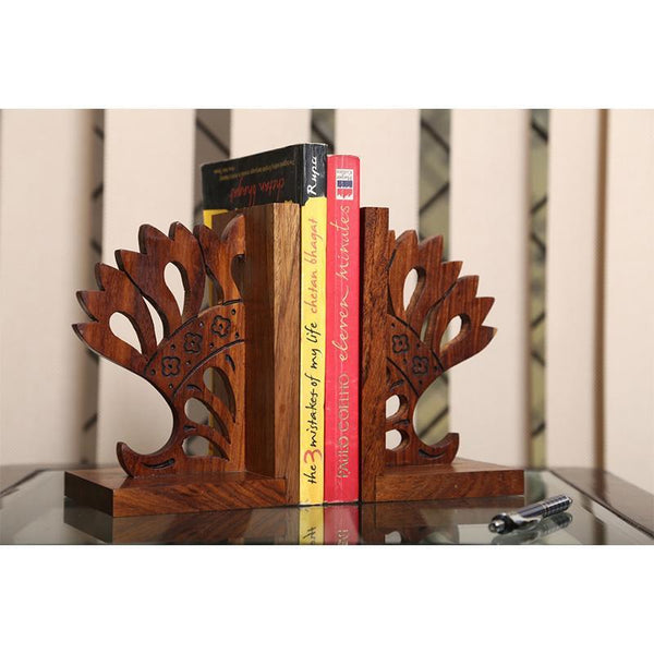 Engraved Crown Book Organizer in Sheesham Wood Created by Traditional Artisans - Set of 2
