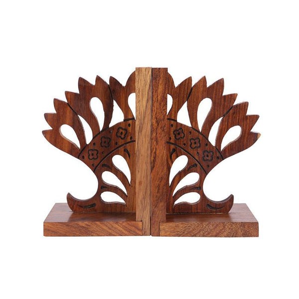 Engraved Crown Book Organizer in Sheesham Wood Created by Traditional Artisans - Set of 2