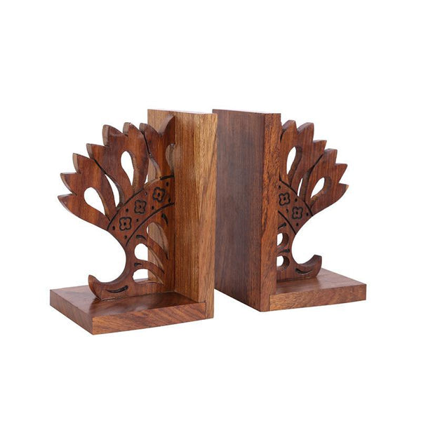 Engraved Crown Book Organizer in Sheesham Wood Created by Traditional Artisans - Set of 2