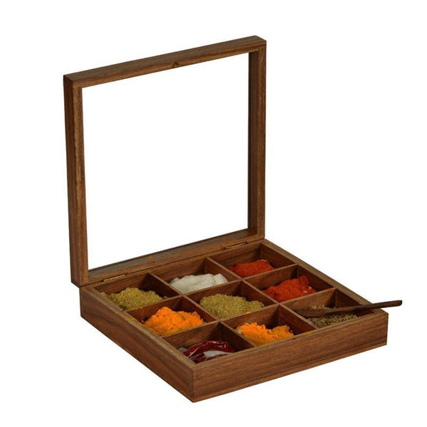 Hand-Carved Sheesham Wood Spice Box - Square created by Traditional Artisans