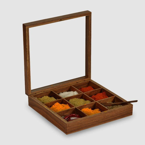 Hand-Carved Sheesham Wood Spice Box - Square created by Traditional Artisans