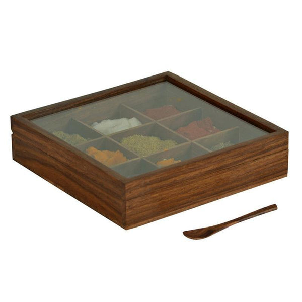 Hand-Carved Sheesham Wood Spice Box - Square created by Traditional Artisans