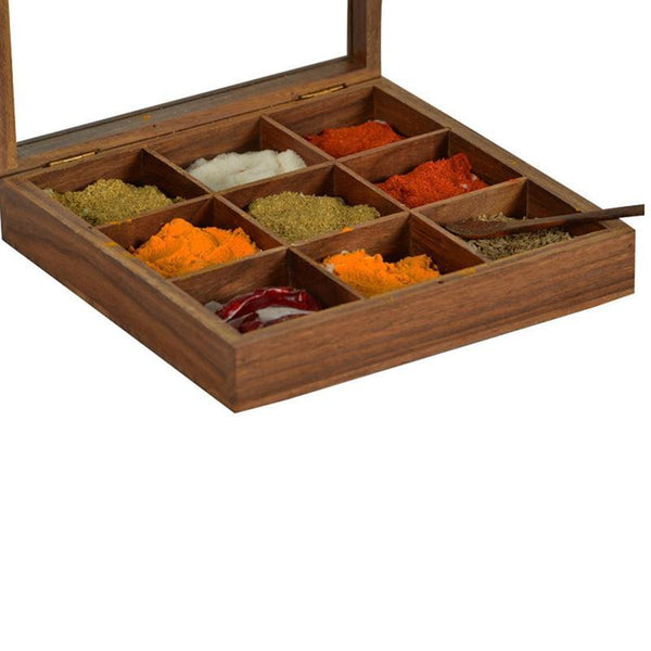 Hand-Carved Sheesham Wood Spice Box - Square created by Traditional Artisans