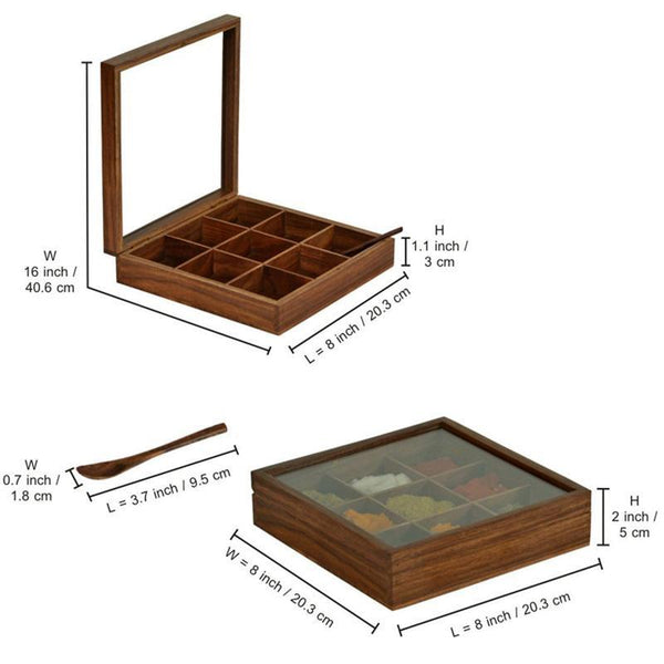 Hand-Carved Sheesham Wood Spice Box - Square created by Traditional Artisans