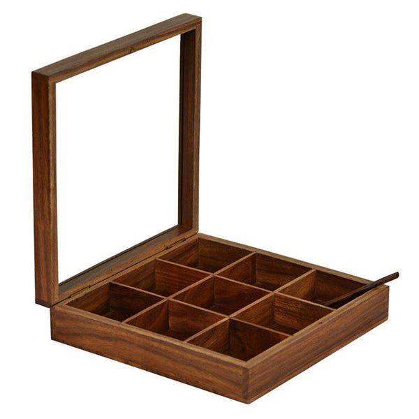 Hand-Carved Sheesham Wood Spice Box - Square created by Traditional Artisans