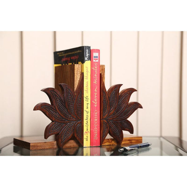 Engraved Lotus Design Book Organizer in Sheesham Wood Created by Traditional Artisans - Set of 2