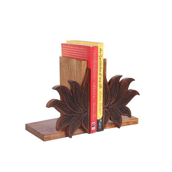 Engraved Lotus Design Book Organizer in Sheesham Wood Created by Traditional Artisans - Set of 2