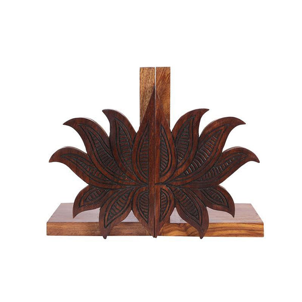 Engraved Lotus Design Book Organizer in Sheesham Wood Created by Traditional Artisans - Set of 2