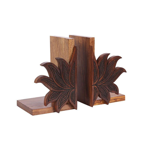 Engraved Lotus Design Book Organizer in Sheesham Wood Created by Traditional Artisans - Set of 2