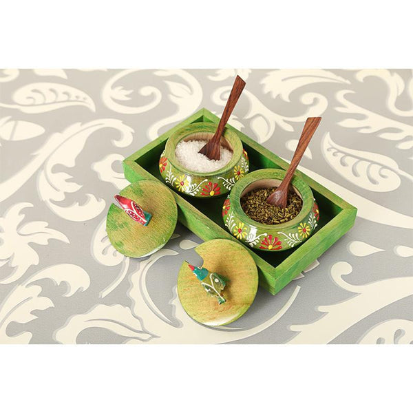 Hand-Carved Wooden Tray and Jar Set (Green) created by Traditional Artisans