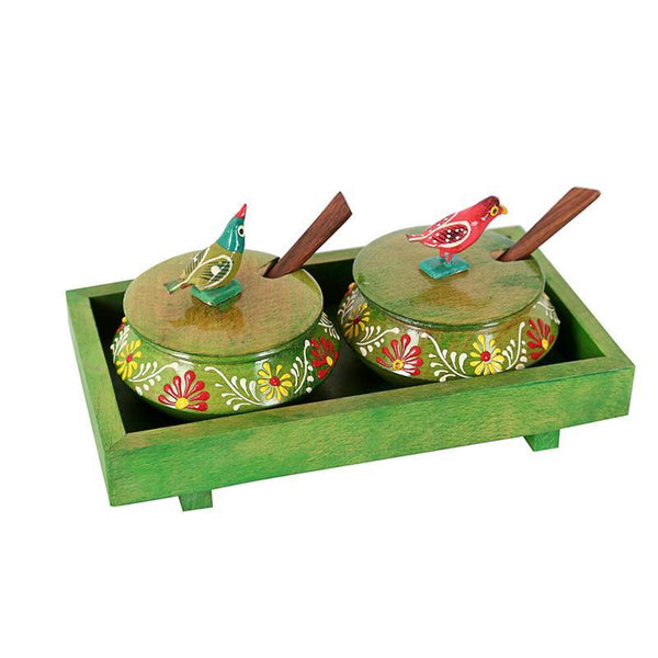 Hand-Carved Wooden Tray and Jar Set (Green) created by Traditional Artisans