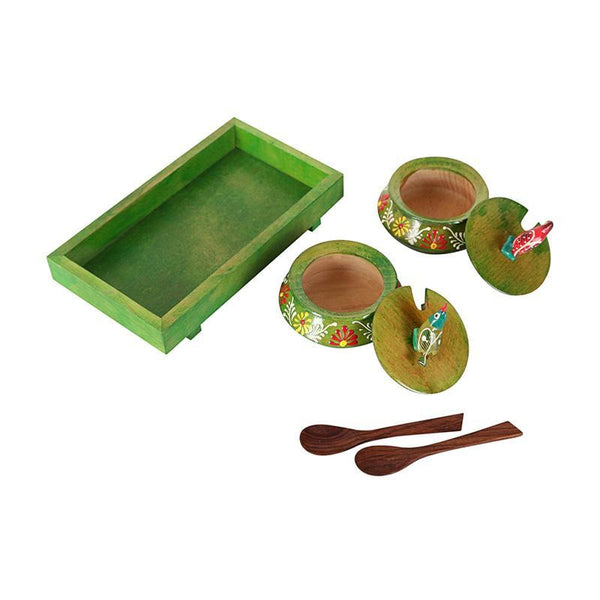 Hand-Carved Wooden Tray and Jar Set (Green) created by Traditional Artisans