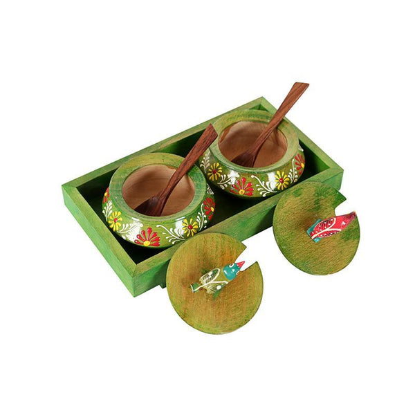 Hand-Carved Wooden Tray and Jar Set (Green) created by Traditional Artisans