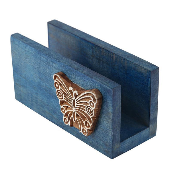 Hand-Carved Wooden Napkin Holder (Blue) created by Traditional Artisans