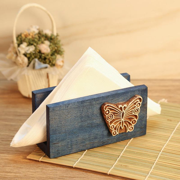 Hand-Carved Wooden Napkin Holder (Blue) created by Traditional Artisans