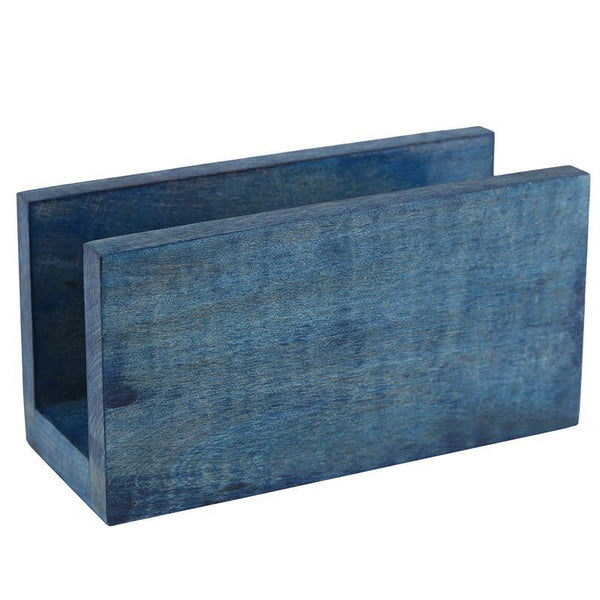Hand-Carved Wooden Napkin Holder (Blue) created by Traditional Artisans