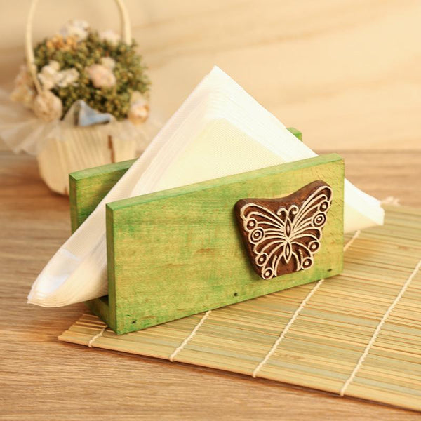 Hand-Carved Wooden Napkin Holder (Green) created by Traditional Artisans