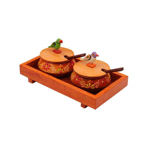 Hand-Carved Wooden Tray and Jar Set (Orange) created by Traditional Artisans