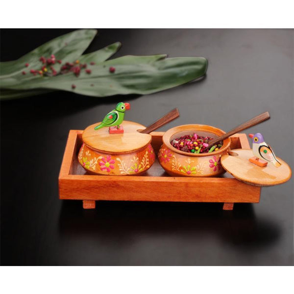 Hand-Carved Wooden Tray and Jar Set (Orange) created by Traditional Artisans
