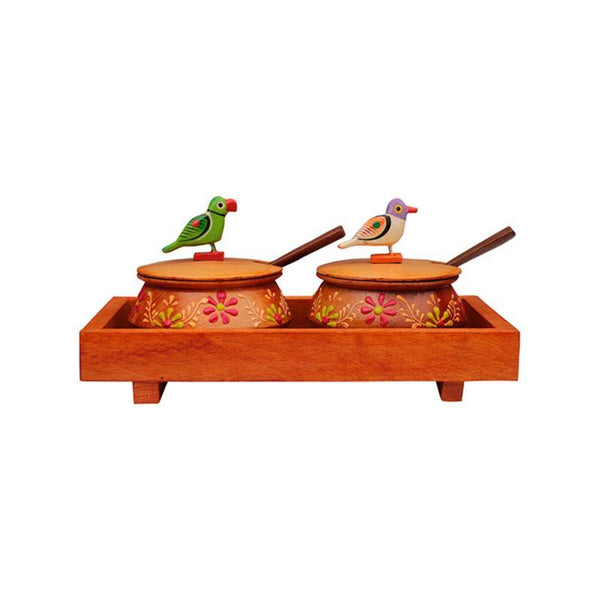 Hand-Carved Wooden Tray and Jar Set (Orange) created by Traditional Artisans