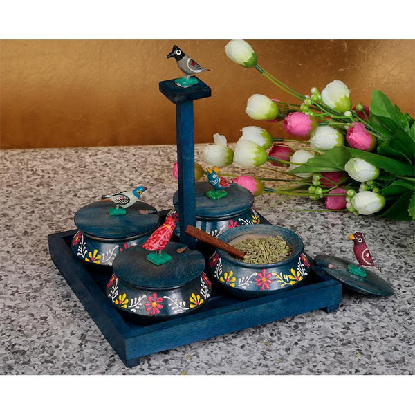 Hand Painted Wooden Jar Set With Tray And Spoon - Blue