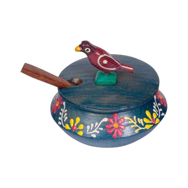 Hand Painted Wooden Jar Set With Tray And Spoon - Blue