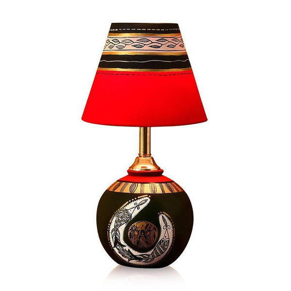 'Madhubani Shimmers' Hand-Painted Round Terracotta Table Lamp