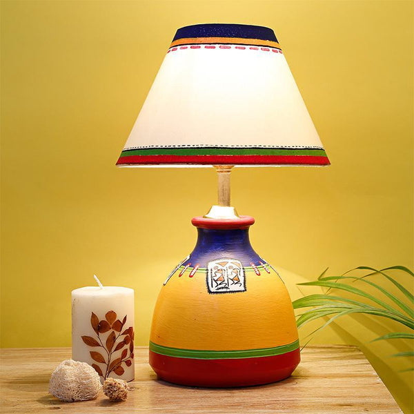 'Warli In Light' Hand-Painted Flat Matki-Shaped Terracotta Table Lamp Crafted by Traditional Artisans