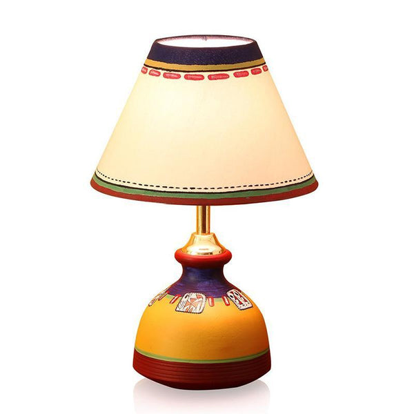 'Warli In Light' Hand-Painted Flat Matki-Shaped Terracotta Table Lamp Crafted by Traditional Artisans