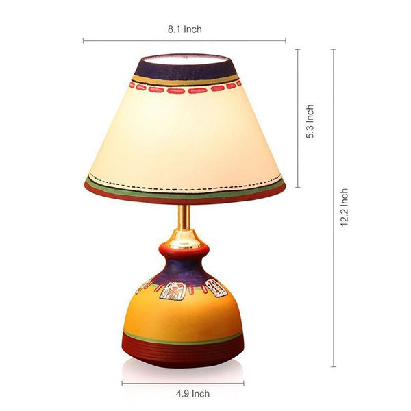 'Warli In Light' Hand-Painted Flat Matki-Shaped Terracotta Table Lamp Crafted by Traditional Artisans