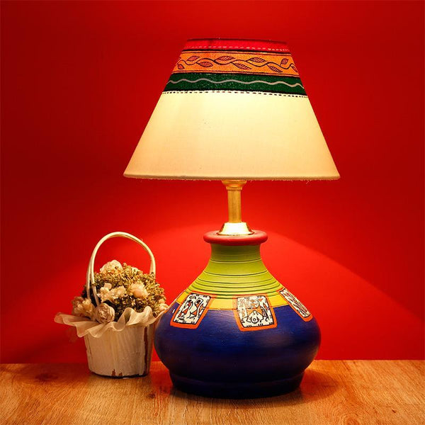 'Warli In Light' Hand-Painted Pot-Shaped Round Terracotta Table Lamp Crafted by Traditional Artisans
