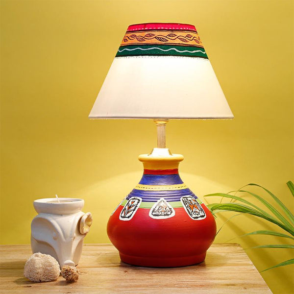 Warli Hand-Painted Pot-Shaped Terracotta Table Lamp Created by Traditional Artisans