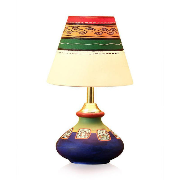 'Warli In Light' Hand-Painted Pot-Shaped Round Terracotta Table Lamp Crafted by Traditional Artisans