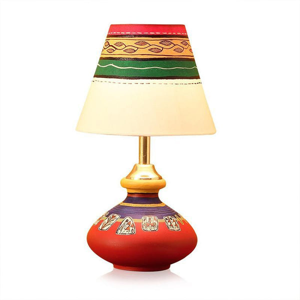 Warli Hand-Painted Pot-Shaped Terracotta Table Lamp Created by Traditional Artisans