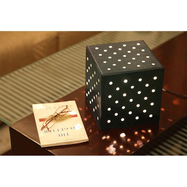 Wooden Dice-Shaped Table Lamp Created by Traditional Artisans - Green