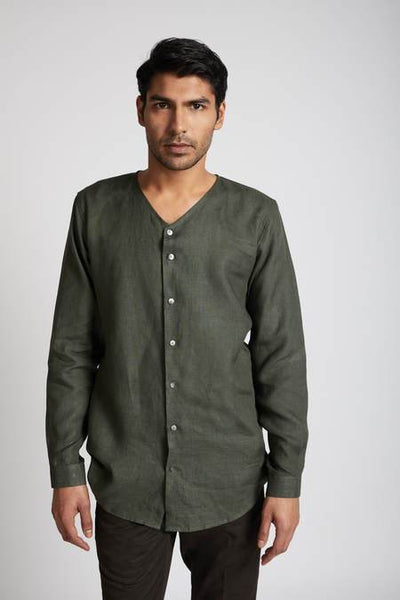 Men's Natural Hemp V- Neck Kurta - Bottle Green