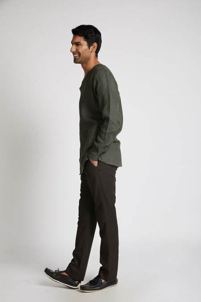Men's Natural Hemp V- Neck Kurta - Bottle Green