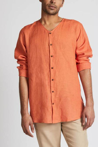 Men's Natural Hemp V- Neck Kurta - Orange