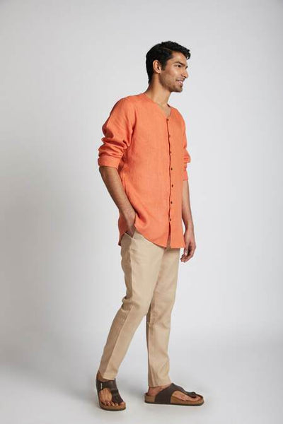 Men's Natural Hemp V- Neck Kurta - Orange