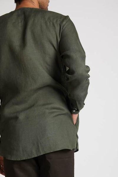 Men's Natural Hemp V- Neck Kurta - Bottle Green