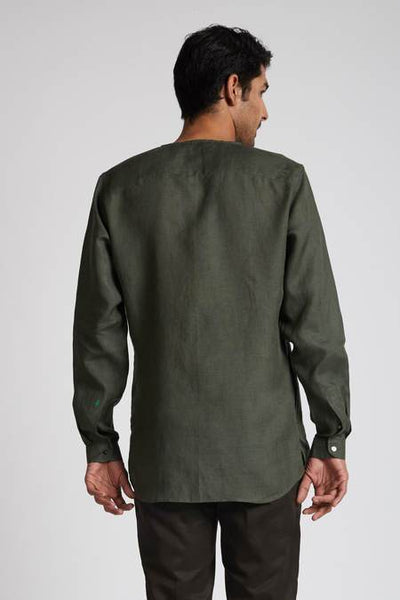 Men's Natural Hemp V- Neck Kurta - Bottle Green