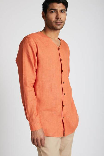Men's Natural Hemp V- Neck Kurta - Orange