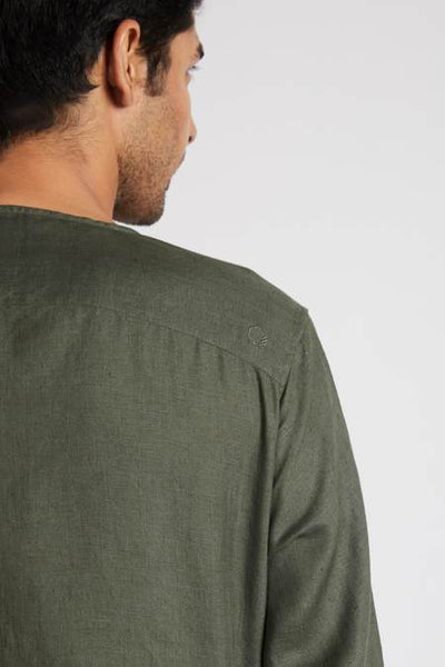 Men's Natural Hemp V- Neck Kurta - Bottle Green
