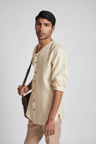 Men's Natural Hemp V- Neck Kurta - Light Beige