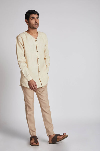 Men's Natural Hemp V- Neck Kurta - Light Beige