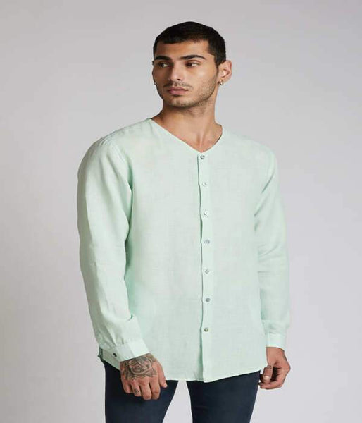 Men's Natural Hemp V- Neck Kurta - Mint Green