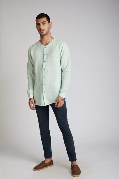 Men's Natural Hemp V- Neck Kurta - Mint Green
